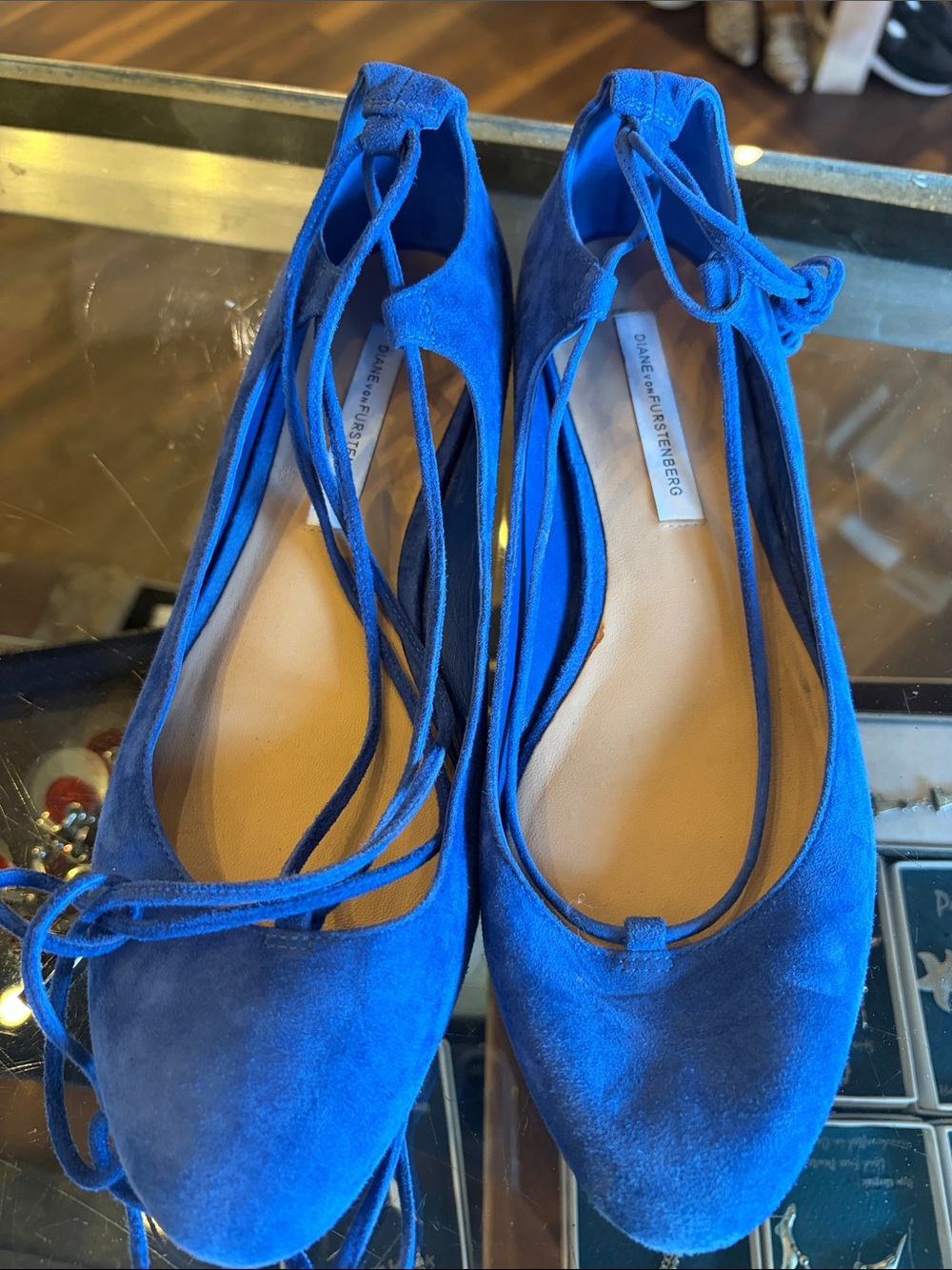 Diane Von Furstenberg Electric Blue Suede Lace-Up Pointed Flats